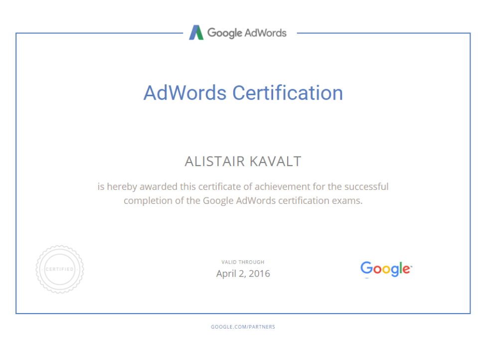 Alistair Kavalt Adwords Certification