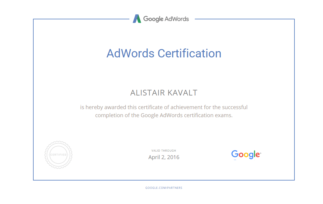 Alistair Kavalt Adwords Certification